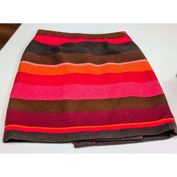 LOFT Petite Wrap Mini Skirt Wool Blend Striped Red Brown 4P Fall - Picture 4 of 10
